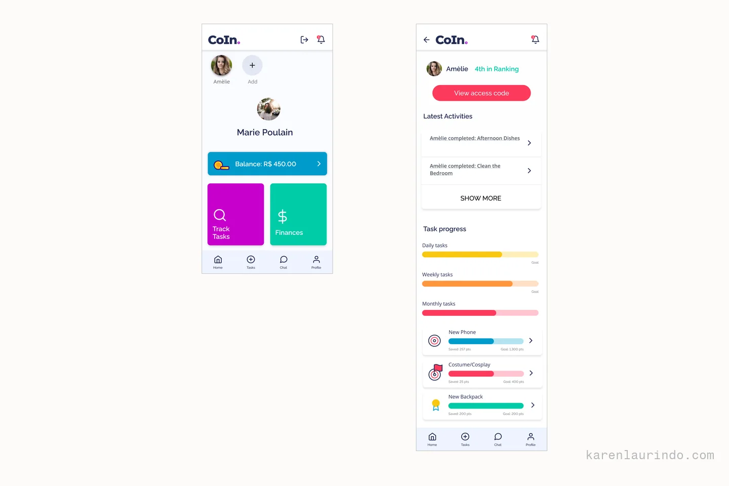 The adult side of CoIN: the tutor home with the balance, and the view of one young user with their completed activities and savings goals