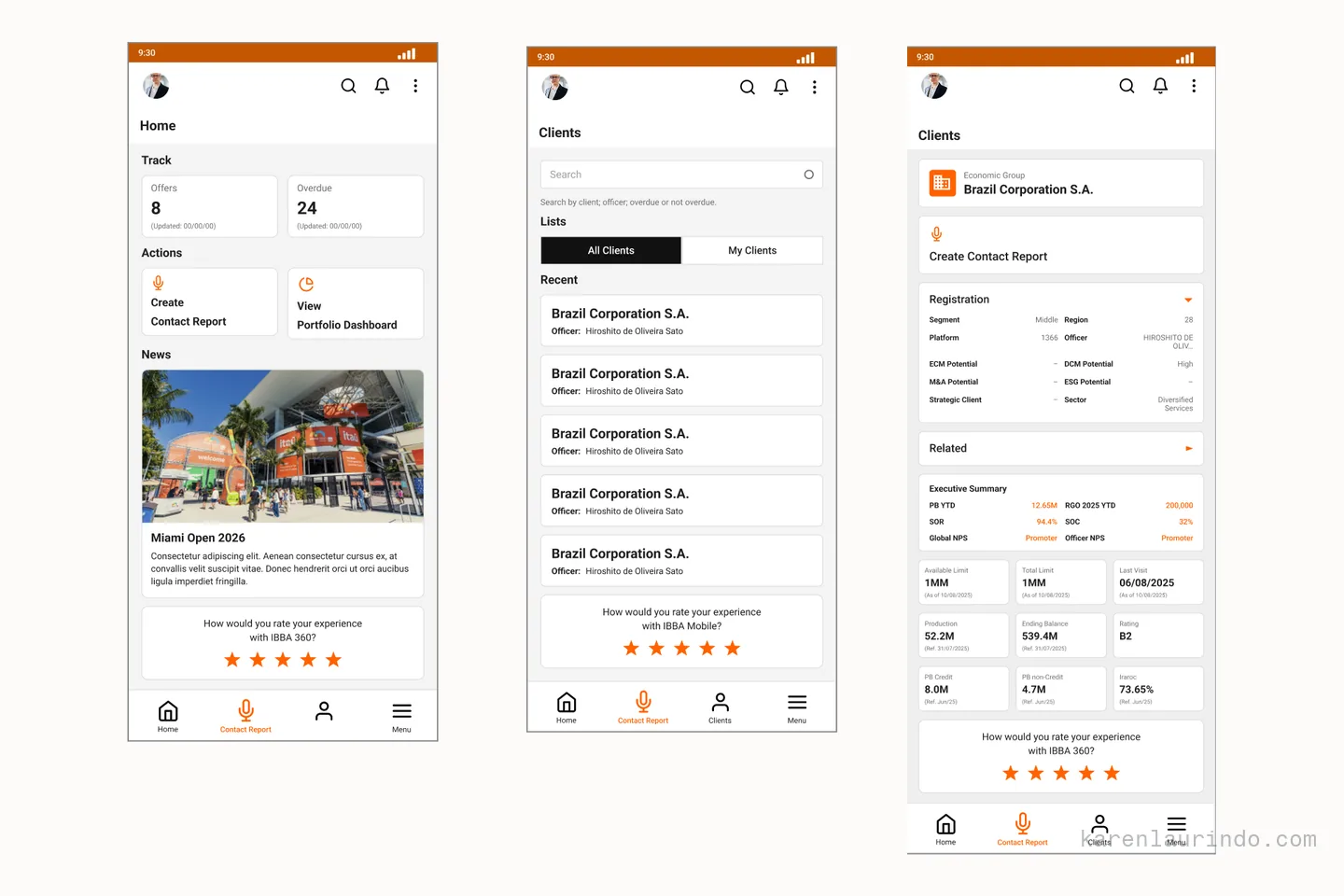 Three screens of the new app side by side: the action oriented home, the client list with search, and the client view with visits and indicators