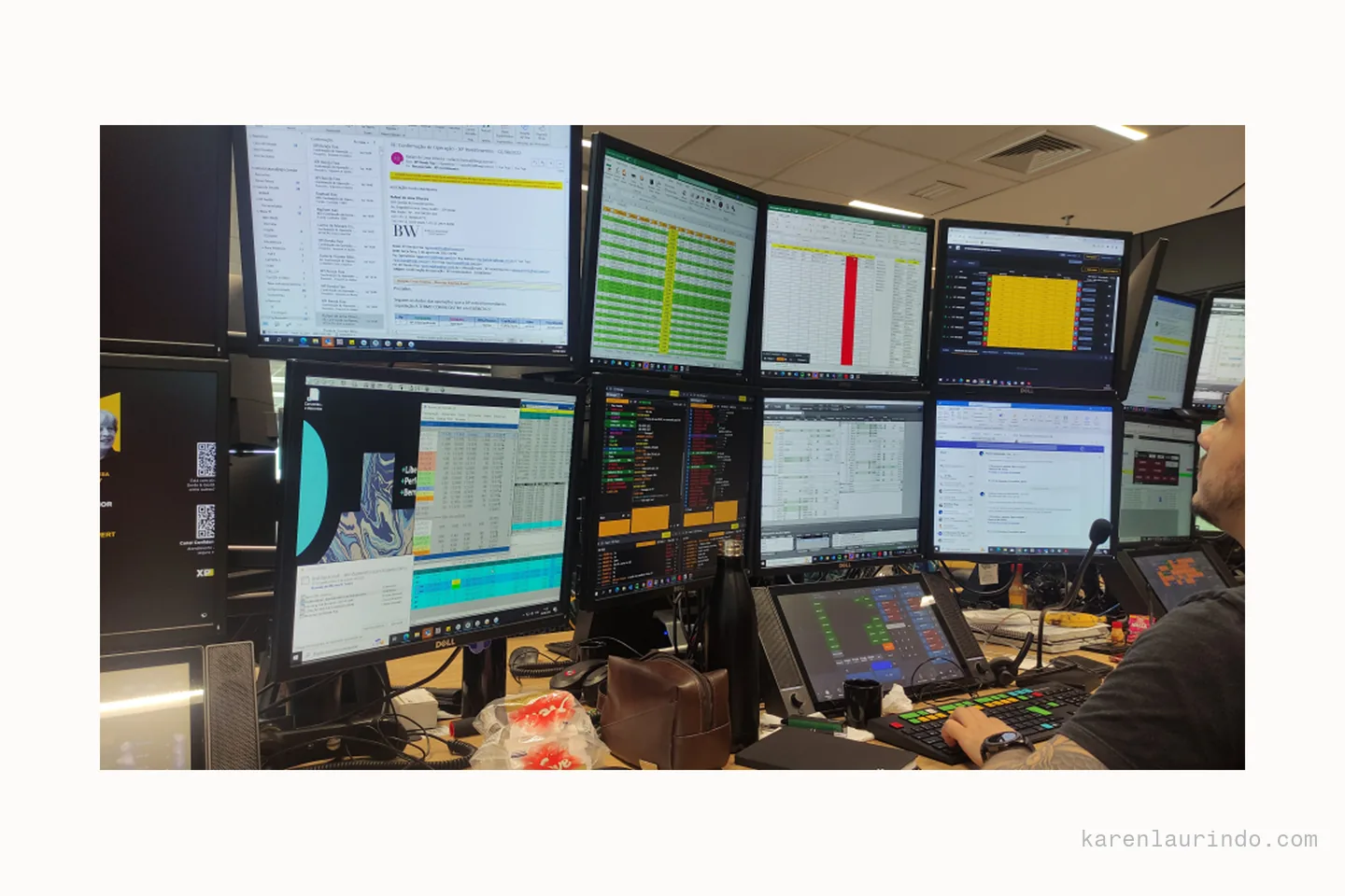 A broker station during shadowing: around ten monitors in use at once, which is why screen space was never free and why the ticket could not take over the display