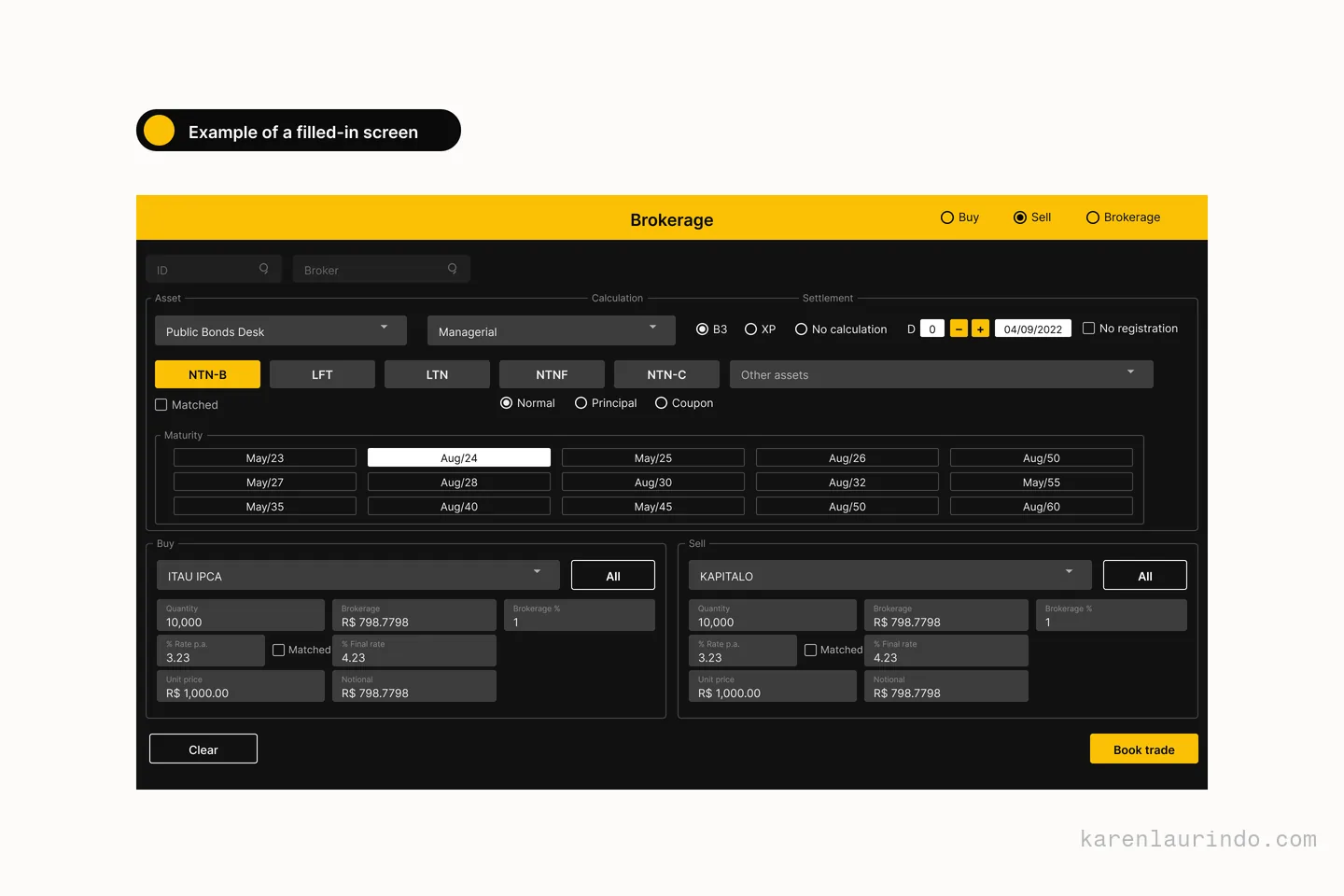 The same ticket filled in, in the dark theme: asset, calculation, settlement and both sides of the trade visible at once, with the values fed from internal data