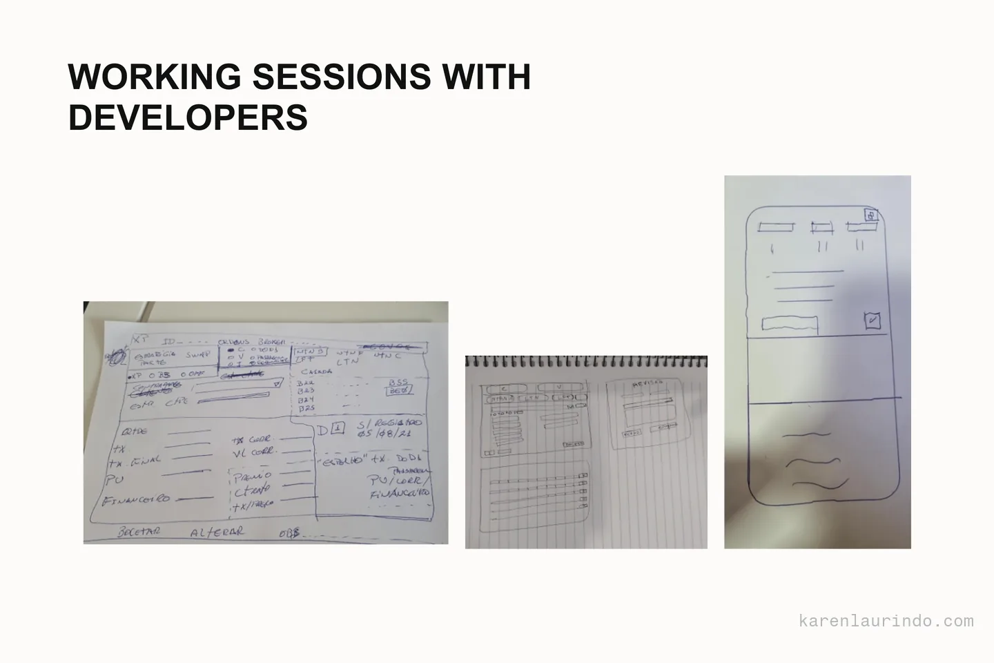 Hand drawn layouts from the working sessions with the engineers, where the field order of the ticket was argued out on paper before anything was designed