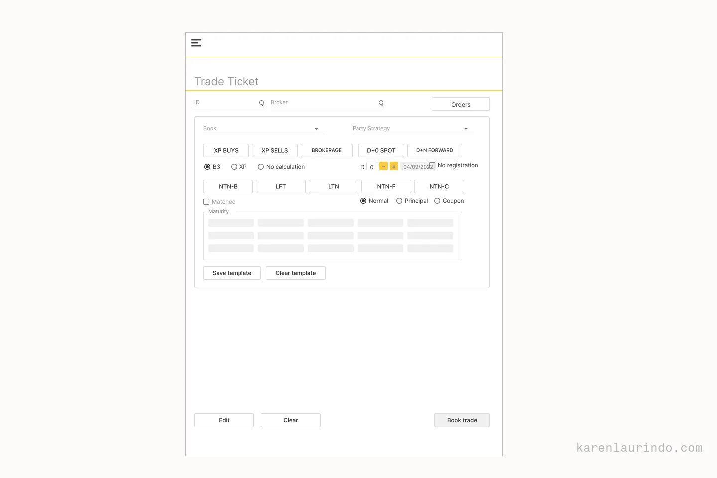The redesigned trade ticket, empty: fields grouped so the broker can move through them with Tab, and templates that can be saved and cleared