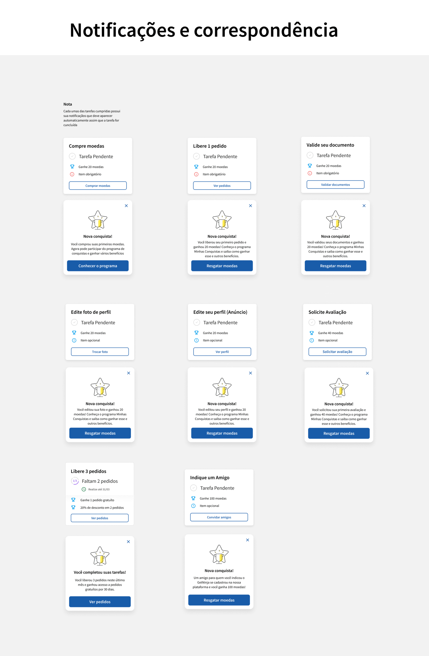 Notificações por tarefa + modais de conquista